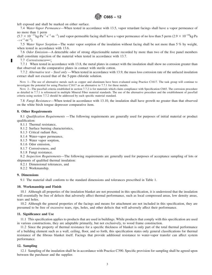 REDLINE ASTM C665-12 - Standard Specification for  Mineral-Fiber Blanket Thermal Insulation for Light Frame Construction and Manufactured Housing