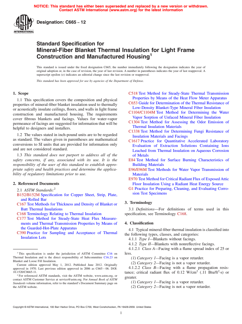 ASTM C665-12 - Standard Specification for  Mineral-Fiber Blanket Thermal Insulation for Light Frame Construction and Manufactured Housing