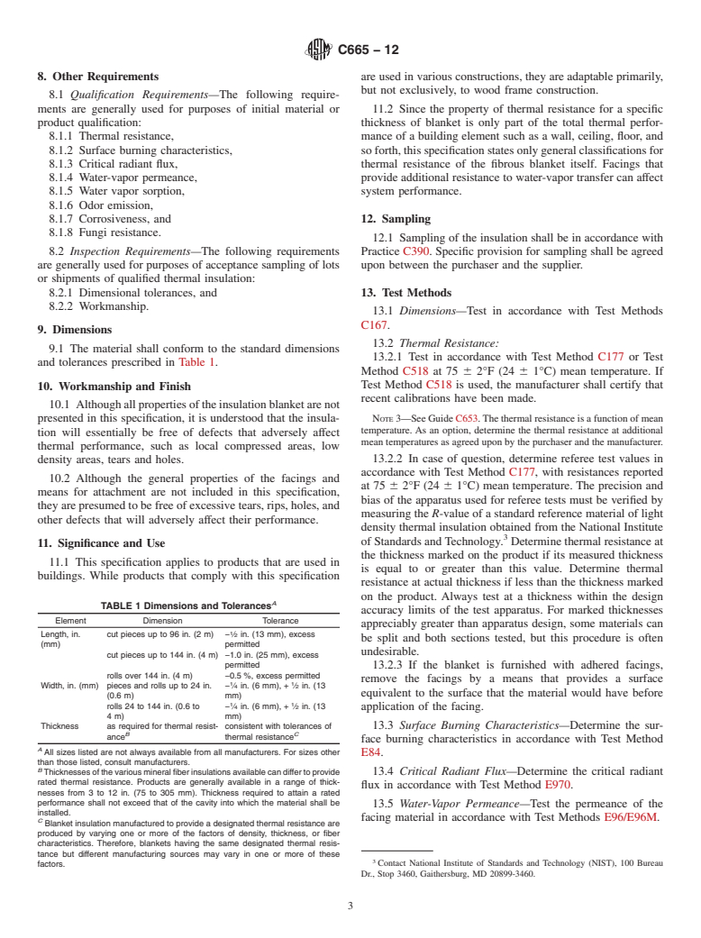 ASTM C665-12 - Standard Specification for  Mineral-Fiber Blanket Thermal Insulation for Light Frame Construction and Manufactured Housing