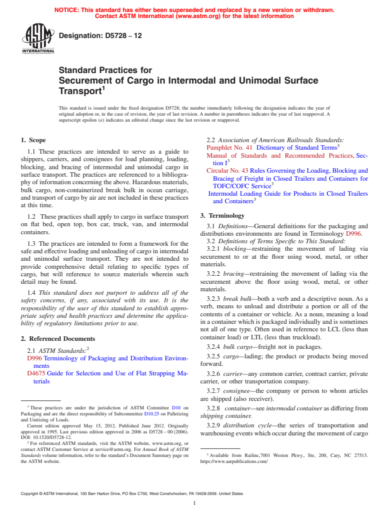 ASTM D5728-12 - Standard Practices for  Securement of Cargo in Intermodal and Unimodal Surface Transport