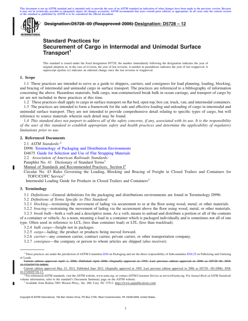 REDLINE ASTM D5728-12 - Standard Practices for  Securement of Cargo in Intermodal and Unimodal Surface Transport