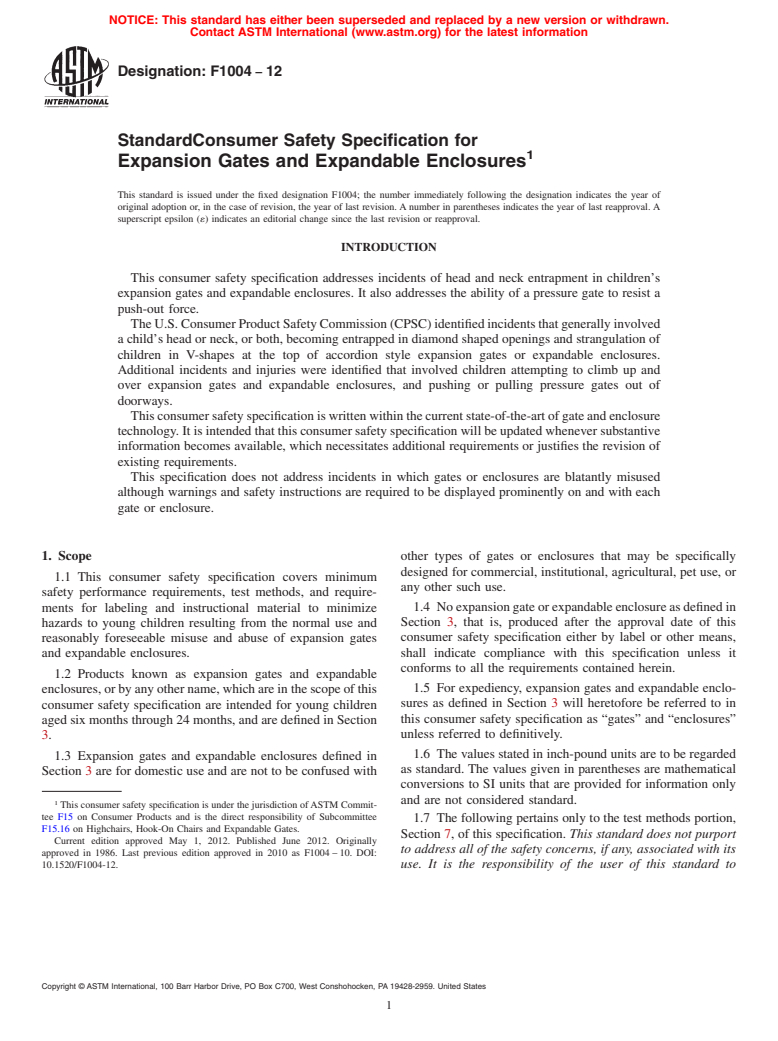 ASTM F1004-12 - Standard Consumer Safety Specification for Expansion Gates and Expandable Enclosures