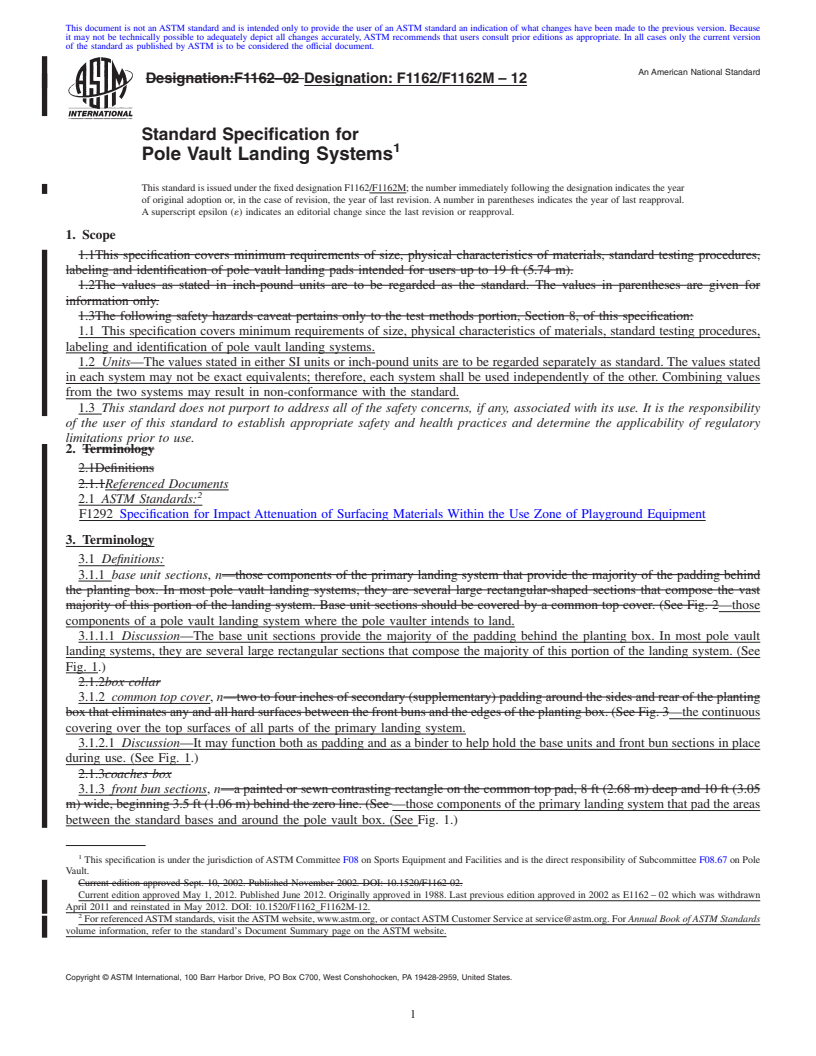 REDLINE ASTM F1162/F1162M-12 - Standard Specification for Pole Vault Landing Systems
