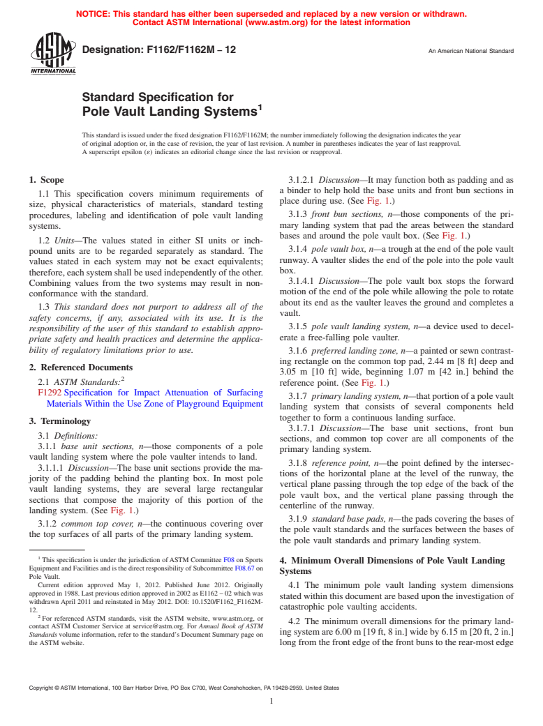 ASTM F1162/F1162M-12 - Standard Specification for Pole Vault Landing Systems