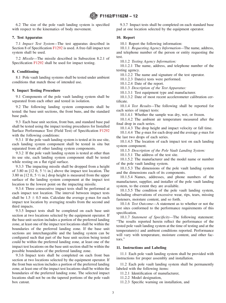 ASTM F1162/F1162M-12 - Standard Specification for Pole Vault Landing Systems