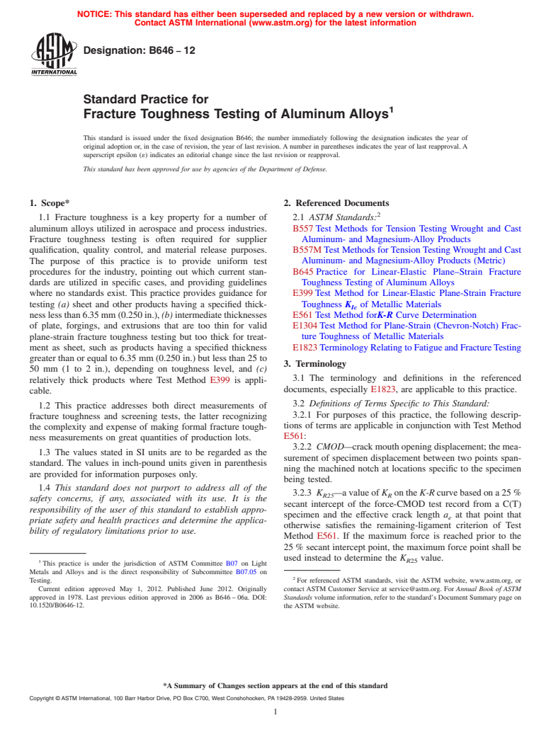 ASTM B646-12 - Standard Practice for Fracture Toughness Testing of Aluminum Alloys