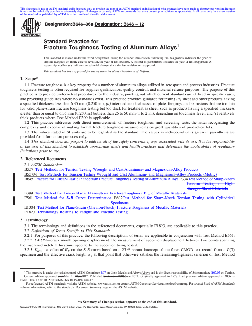 REDLINE ASTM B646-12 - Standard Practice for Fracture Toughness Testing of Aluminum Alloys