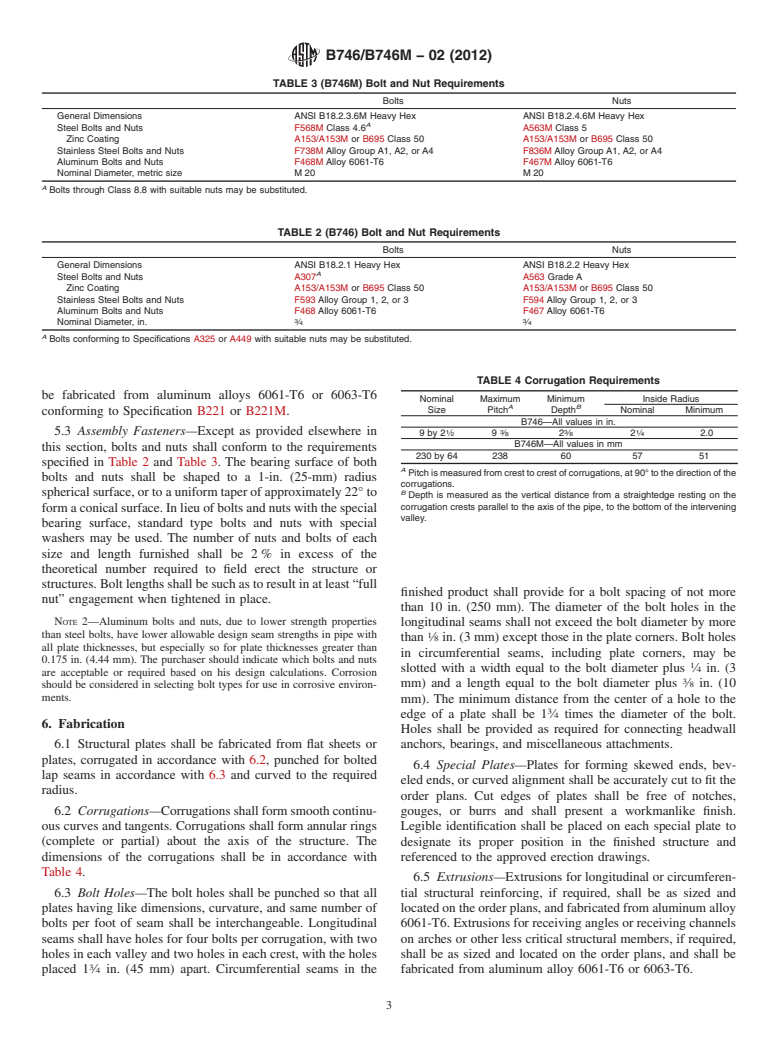 ASTM B746/B746M-02(2012) - Standard Specification for  Corrugated Aluminum Alloy Structural Plate for Field-Bolted Pipe, Pipe-Arches, and Arches