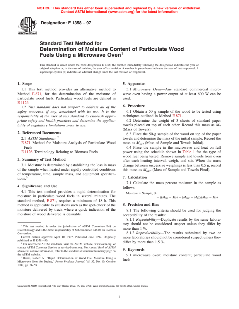 ASTM E1358-97 - Standard Test Method for Determination of Moisture Content of Particulate Wood Fuels Using a Microwave Oven