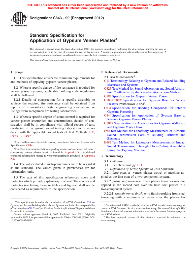 ASTM C843-99(2012) - Standard Specification for  Application of Gypsum Veneer Plaster