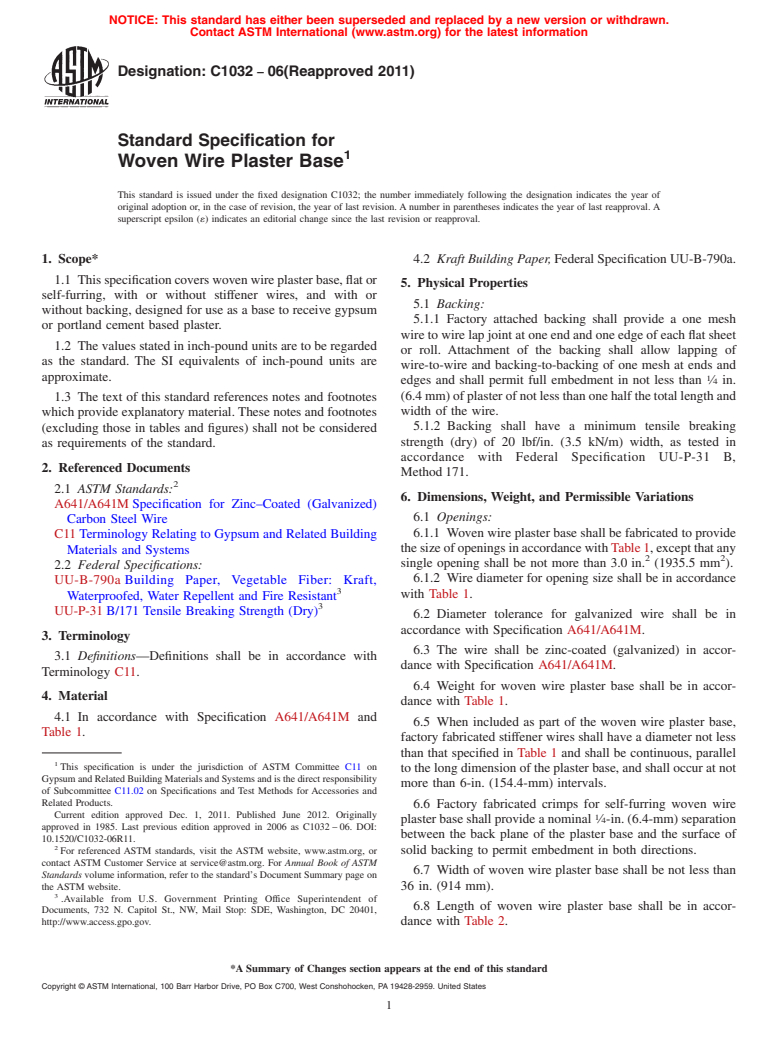 ASTM C1032-06(2011) - Standard Specification for Woven Wire Plaster Base