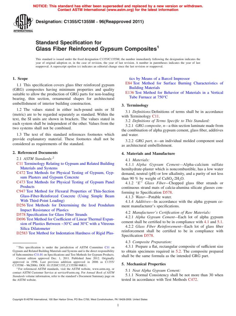 ASTM C1355/C1355M-96(2011) - Standard Specification for  Glass Fiber Reinforced Gypsum Composites