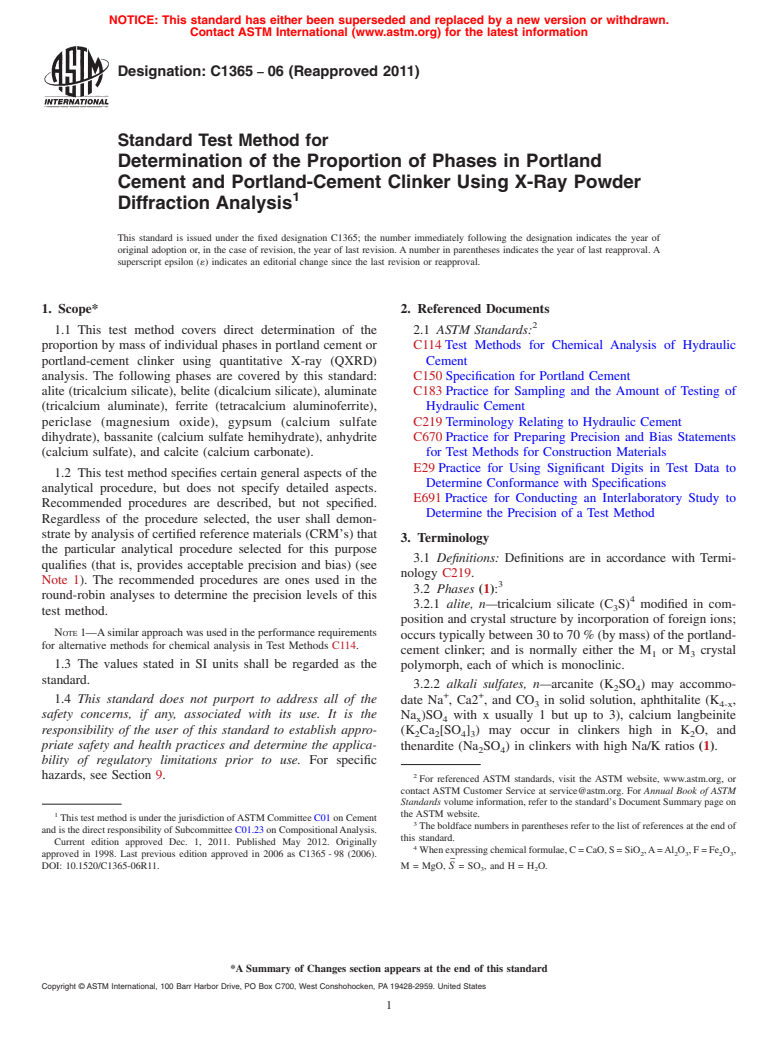 ASTM C1365-06(2011) - Standard Test Method for Determination of the Proportion of Phases in Portland Cement and Portland-Cement Clinker Using X-Ray Powder Diffraction Analysis