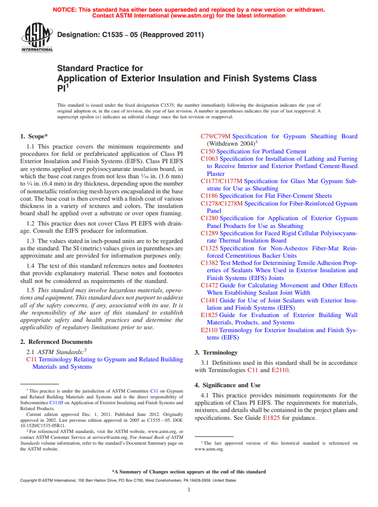 ASTM C1535-05(2011) - Standard Practice for Application of Exterior Insulation and Finish Systems Class PI