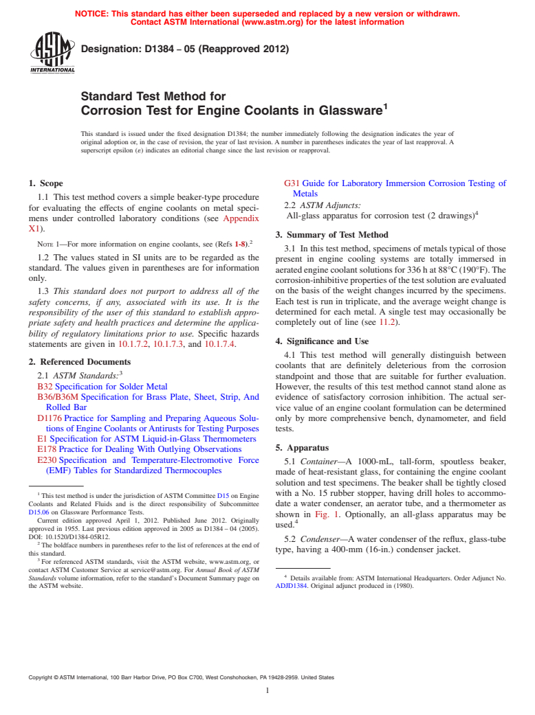 ASTM D1384-05(2012) - Standard Test Method for Corrosion Test for Engine Coolants in Glassware