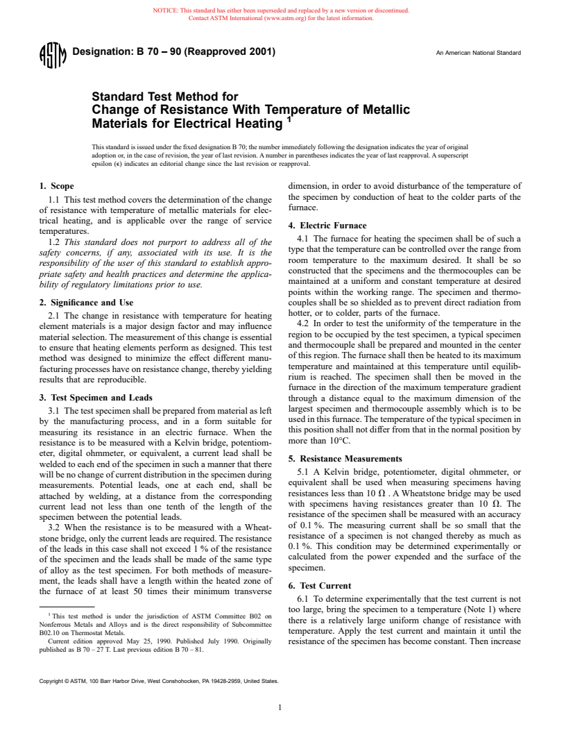 ASTM B70-90(2001) - Standard Test Method for Change of Resistance With Temperature of Metallic Materials for Electrical Heating