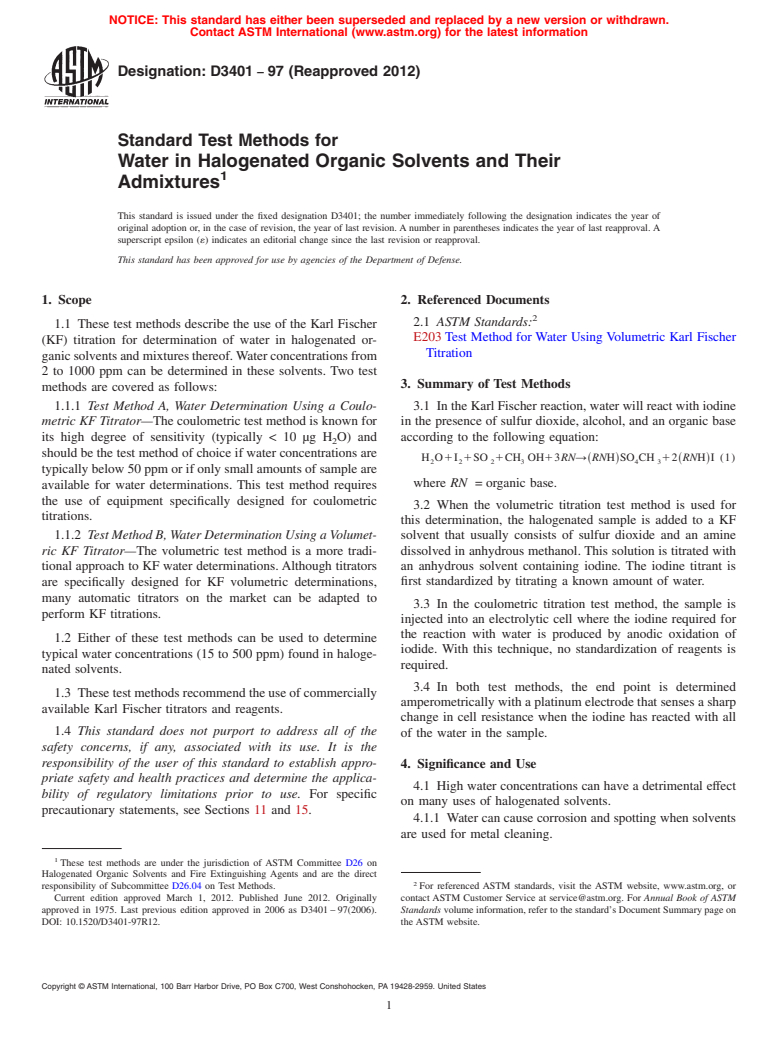 ASTM D3401-97(2012) - Standard Test Methods for Water in Halogenated Organic Solvents and Their Admixtures