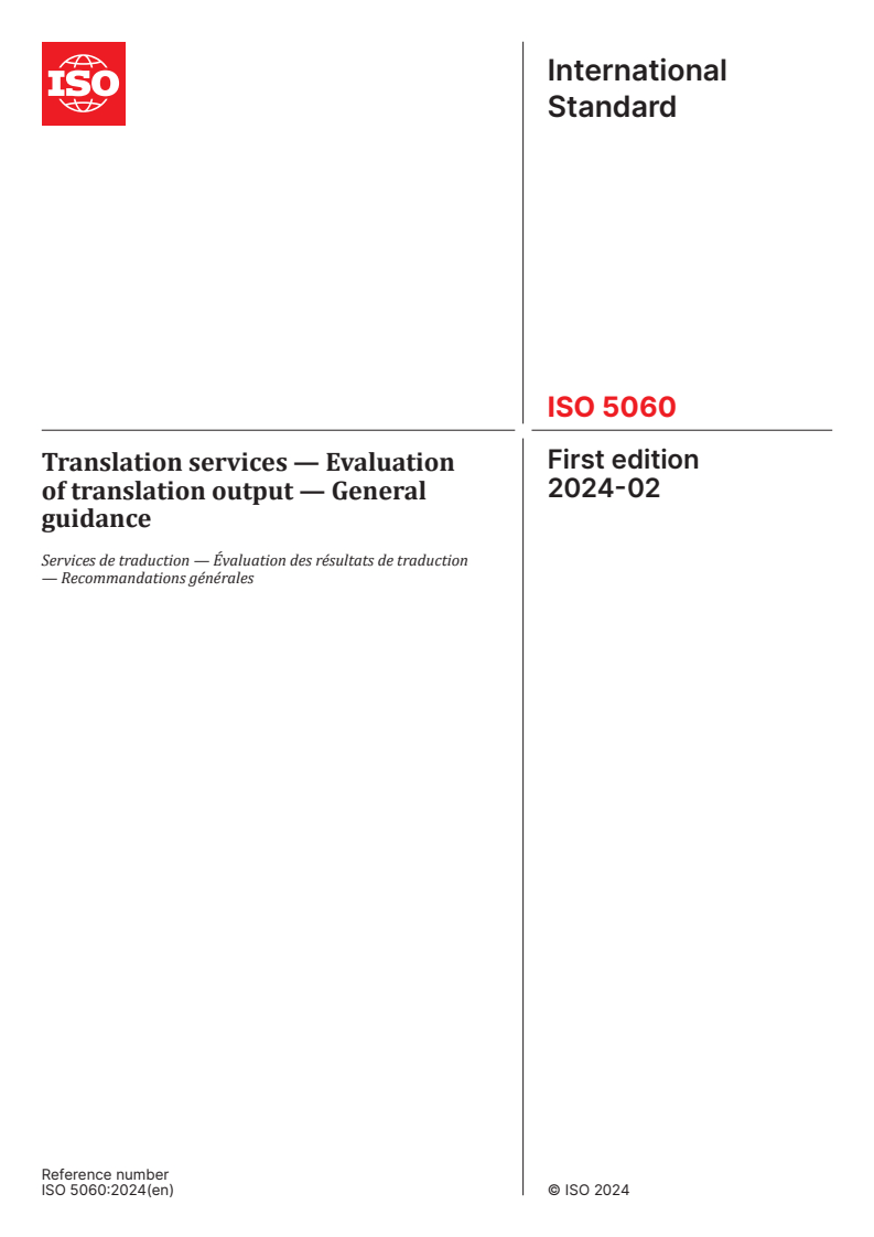 ISO 5060:2024 - Translation services — Evaluation of translation output — General guidance
Released:13. 02. 2024