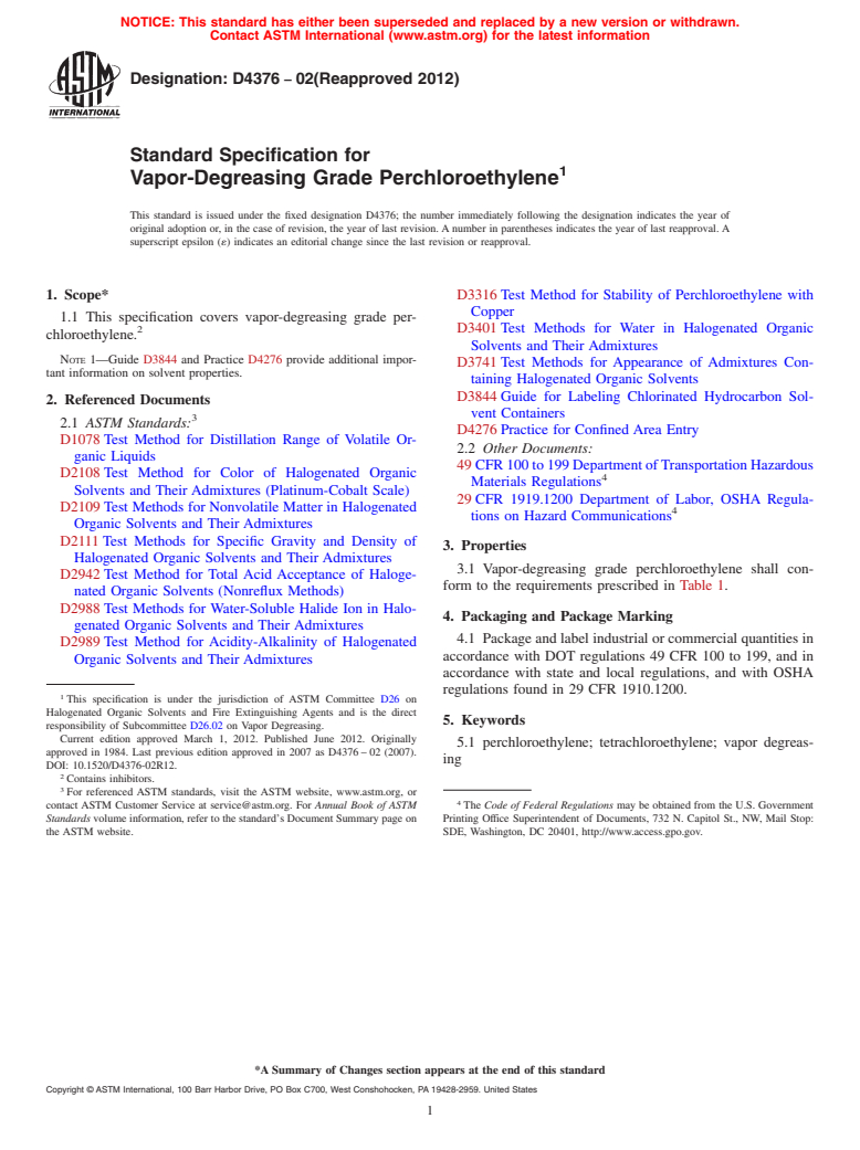 ASTM D4376-02(2012) - Standard Specification for  Vapor-Degreasing Grade Perchloroethylene