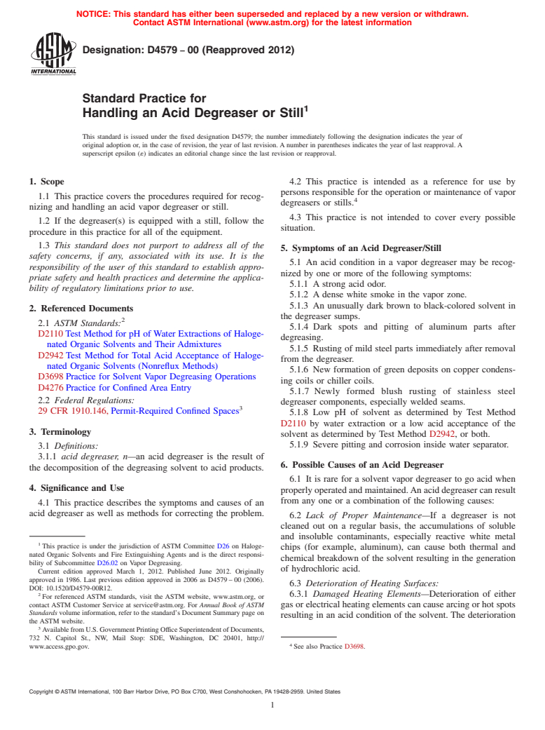 ASTM D4579-00(2012) - Standard Practice for  Handling an Acid Degreaser or Still