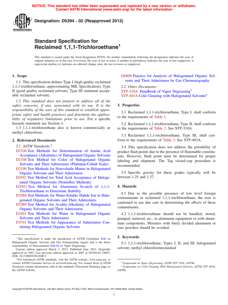 ASTM D5394-02(2012) - Standard Specification for Reclaimed 1,1,1-Trichloroethane (Withdrawn 2017)