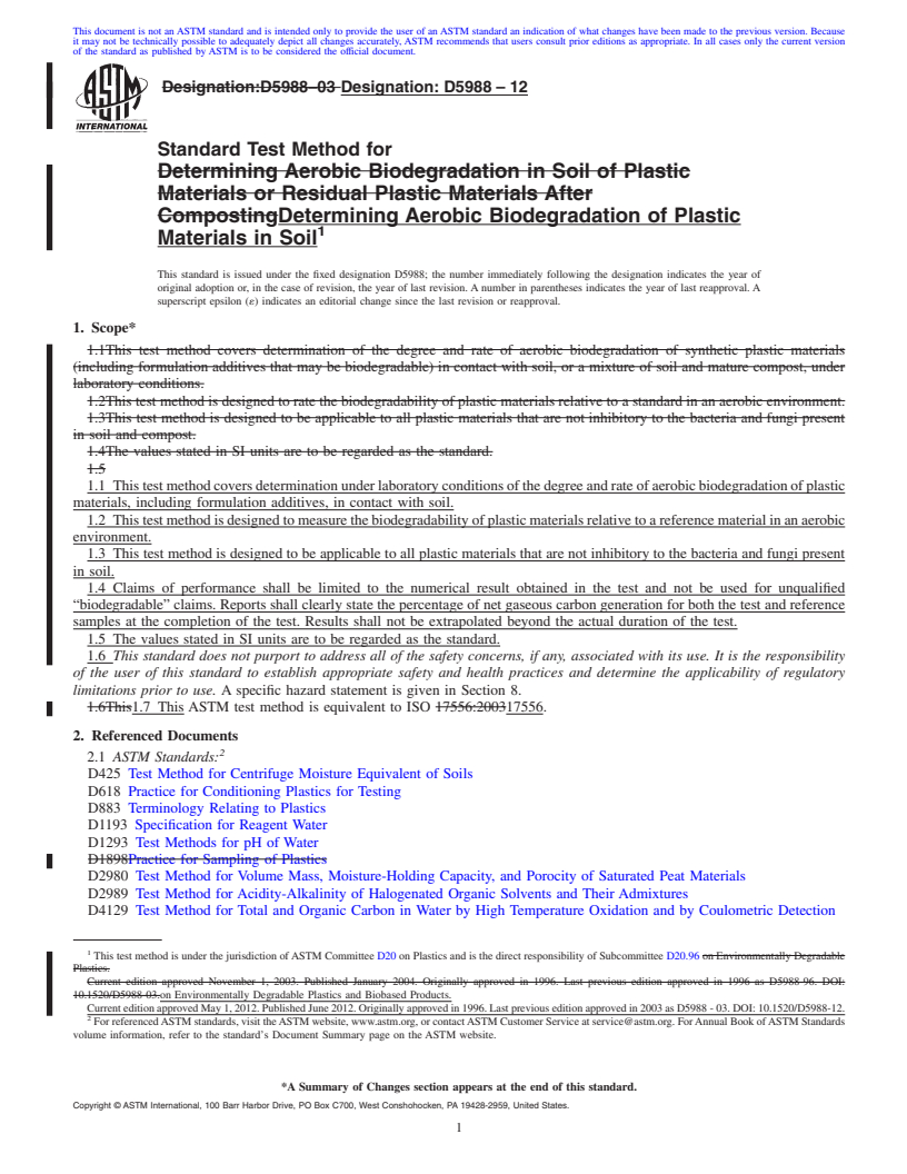 REDLINE ASTM D5988-12 - Standard Test Method for  Determining Aerobic Biodegradation of Plastic Materials in Soil