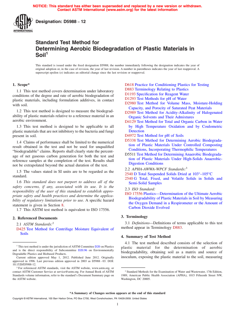 ASTM D5988-12 - Standard Test Method for  Determining Aerobic Biodegradation of Plastic Materials in Soil