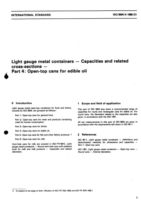 ISO 3004-4:1986 - Light gauge metal containers -- Capacities and related cross-sections