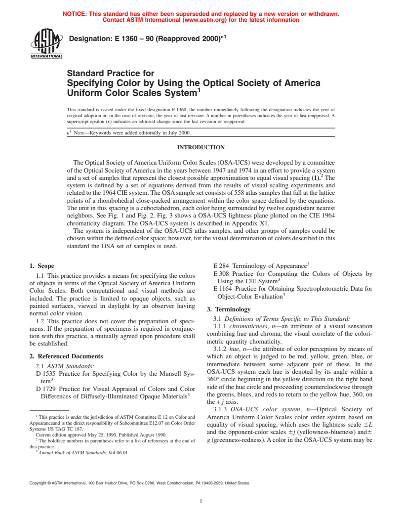 ASTM E1360-90(2000)e1 - Standard Practice for Specifying Color by Using the Optical Society of America Uniform Color Scales System