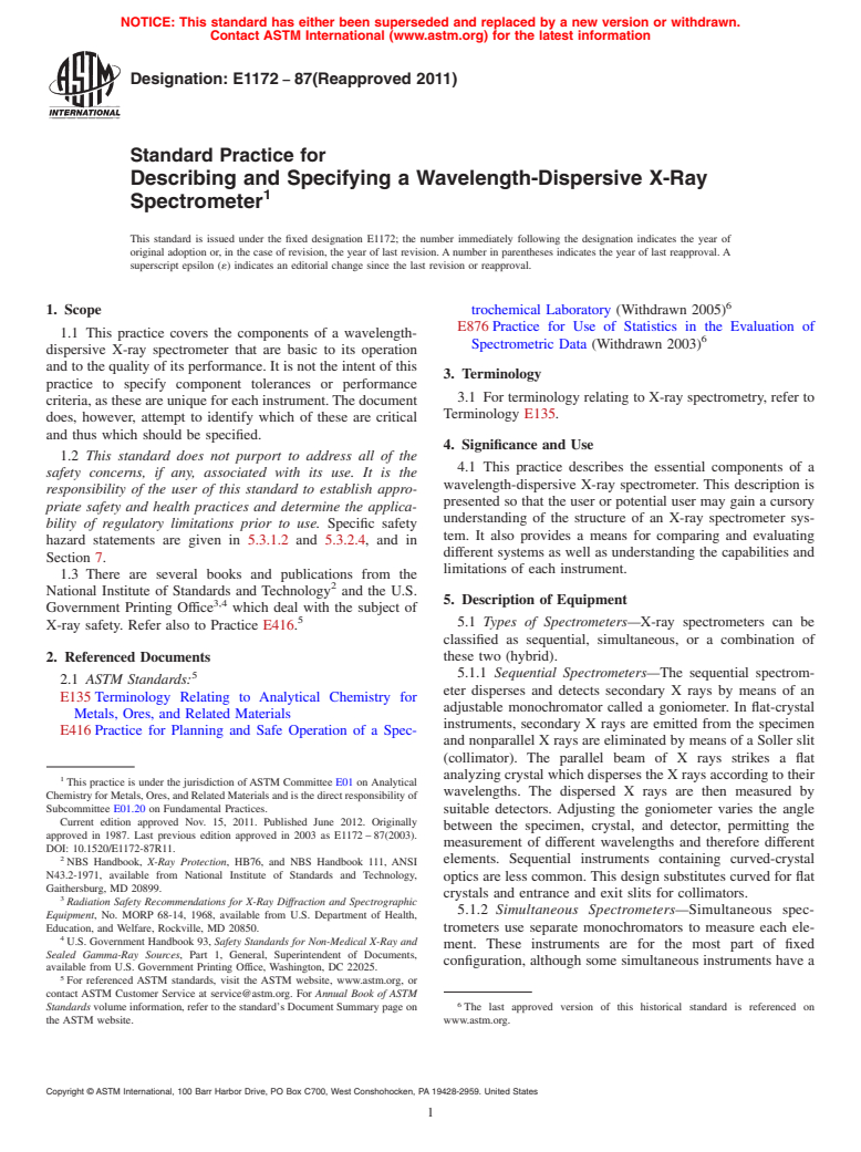 ASTM E1172-87(2011) - Standard Practice for Describing and Specifying a Wavelength-Dispersive X-Ray Spectrometer