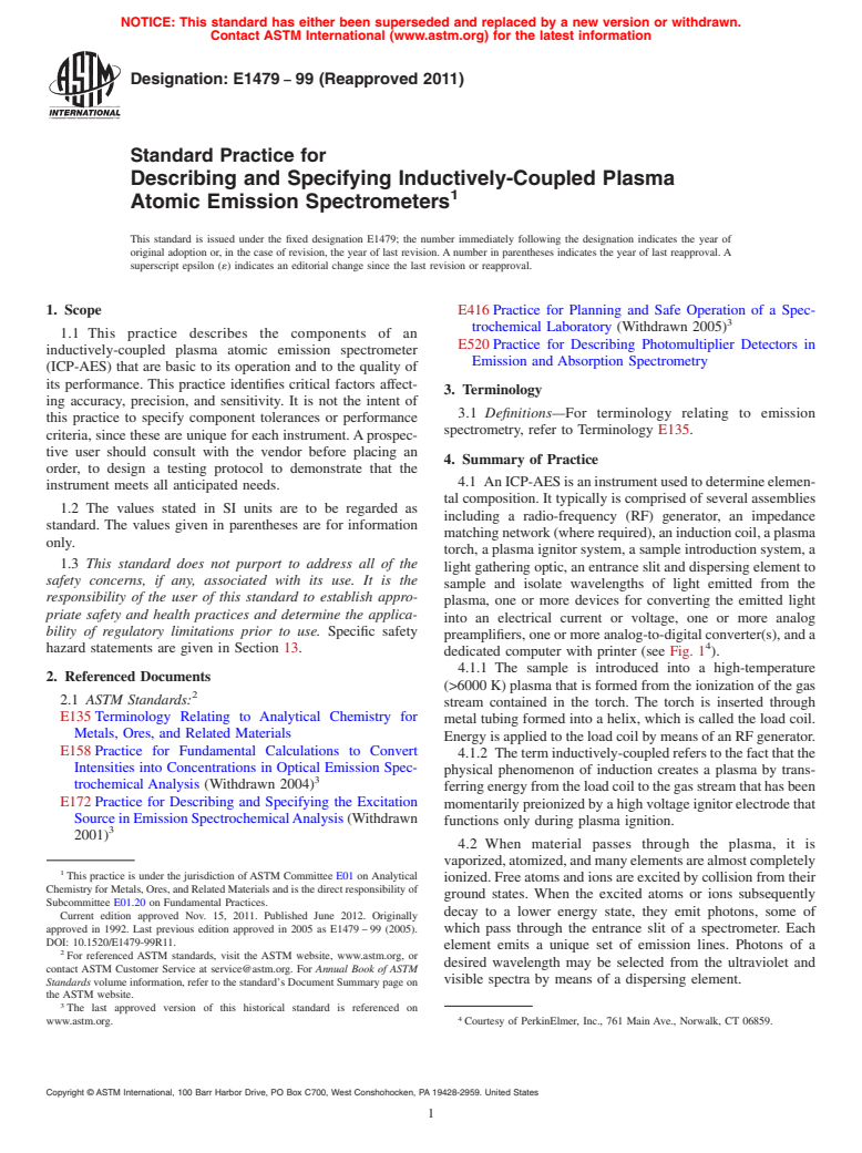 ASTM E1479-99(2011) - Standard Practice for Describing and Specifying Inductively-Coupled Plasma Atomic Emission Spectrometers