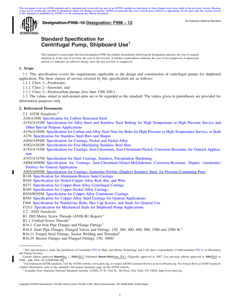 REDLINE ASTM F998-12 - Standard Specification for Centrifugal Pump, Shipboard Use