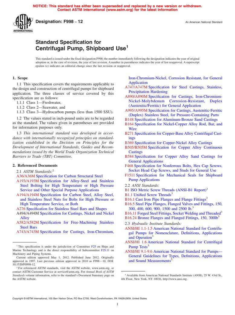 ASTM F998-12 - Standard Specification for Centrifugal Pump, Shipboard Use