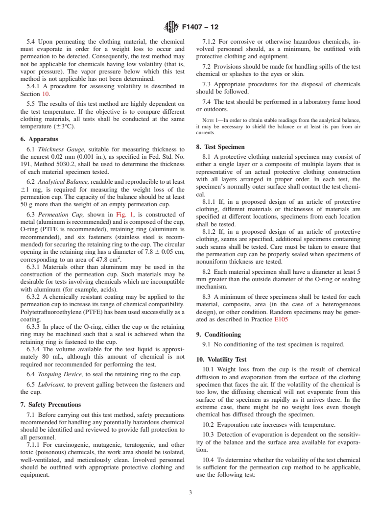 ASTM F1407-12 - Standard Test Method for Resistance of Chemical Protective Clothing Materials to Liquid Permeation&mdash;Permeation Cup Method