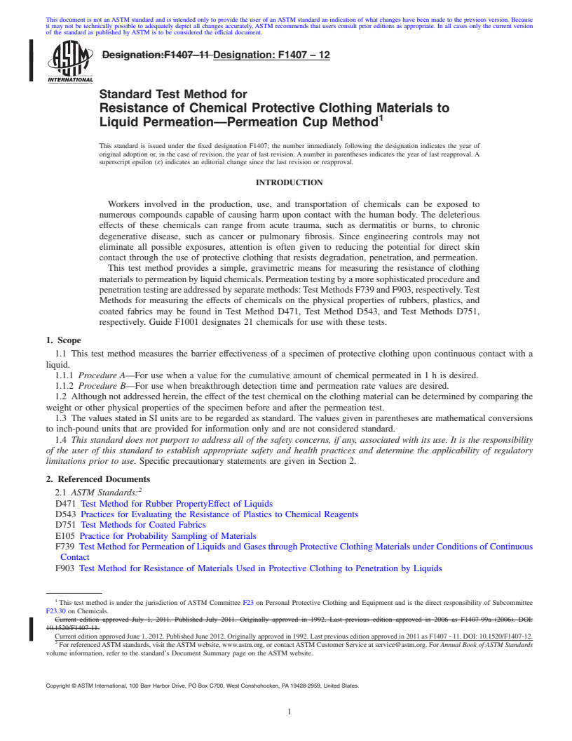 REDLINE ASTM F1407-12 - Standard Test Method for Resistance of Chemical Protective Clothing Materials to Liquid Permeation&mdash;Permeation Cup Method