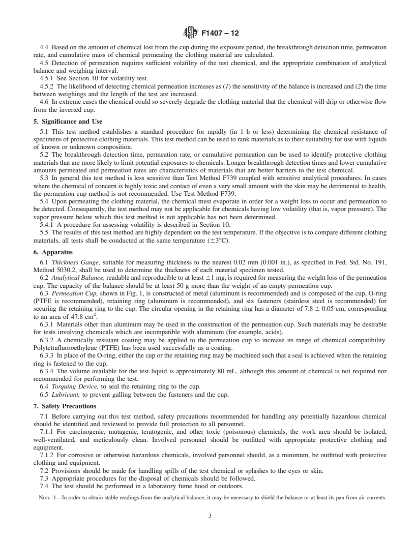 REDLINE ASTM F1407-12 - Standard Test Method for Resistance of Chemical Protective Clothing Materials to Liquid Permeation&mdash;Permeation Cup Method