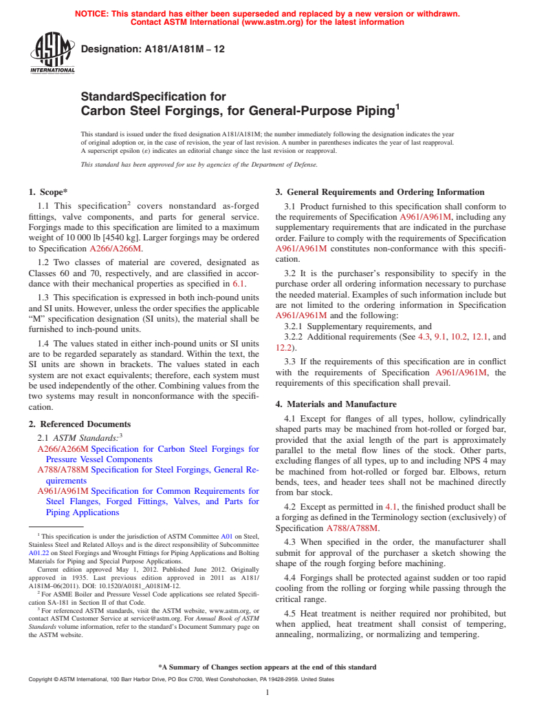 ASTM A181/A181M-12 - Standard Specification for  Carbon Steel Forgings, for General-Purpose Piping