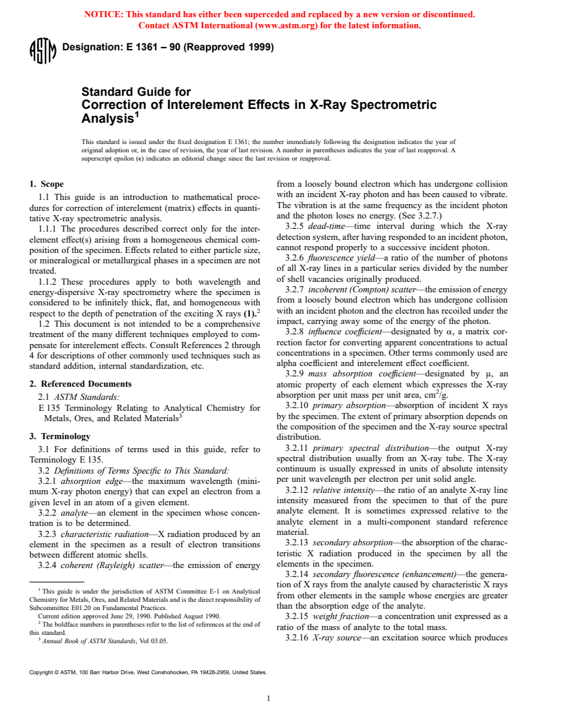 ASTM E1361-90(1999) - Standard Guide for Correction of Interelement Effects in X-Ray Spectrometric Analysis