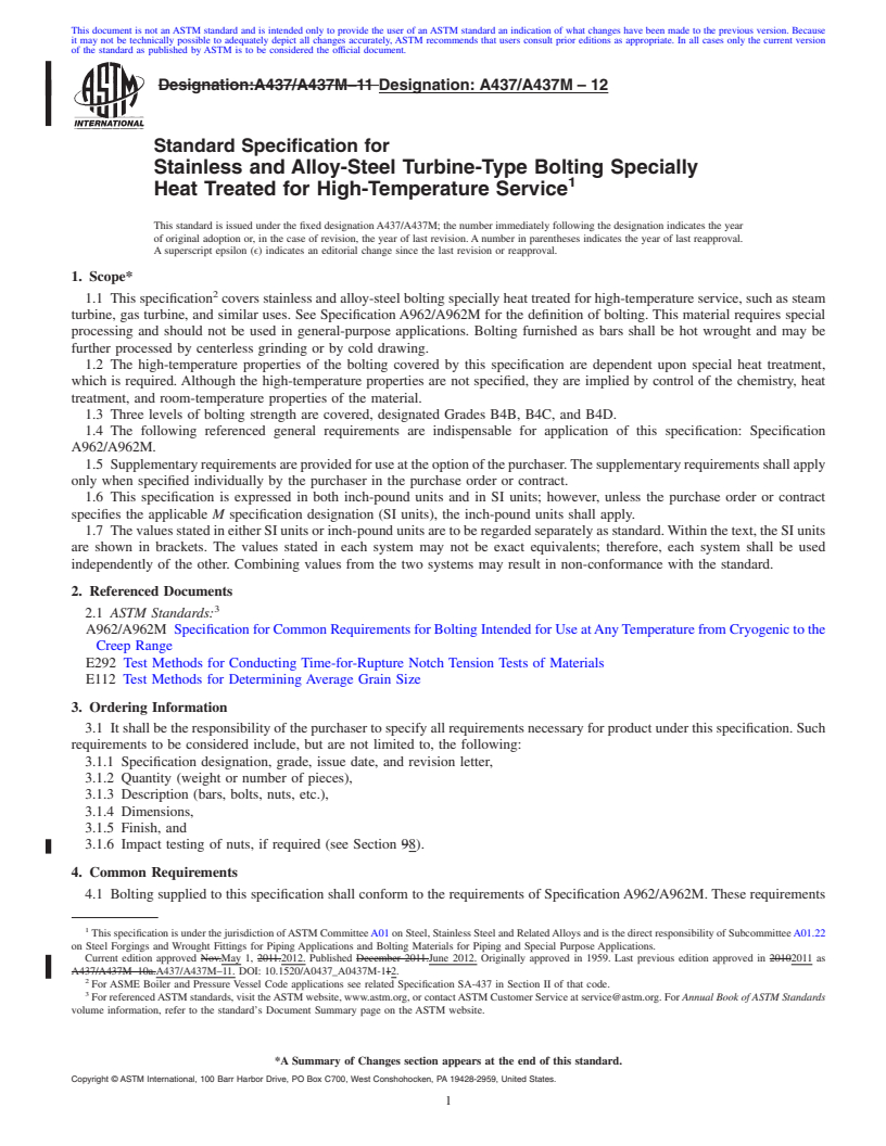 REDLINE ASTM A437/A437M-12 - Standard Specification for  Stainless and Alloy-Steel Turbine-Type Bolting Specially Heat Treated for High-Temperature Service