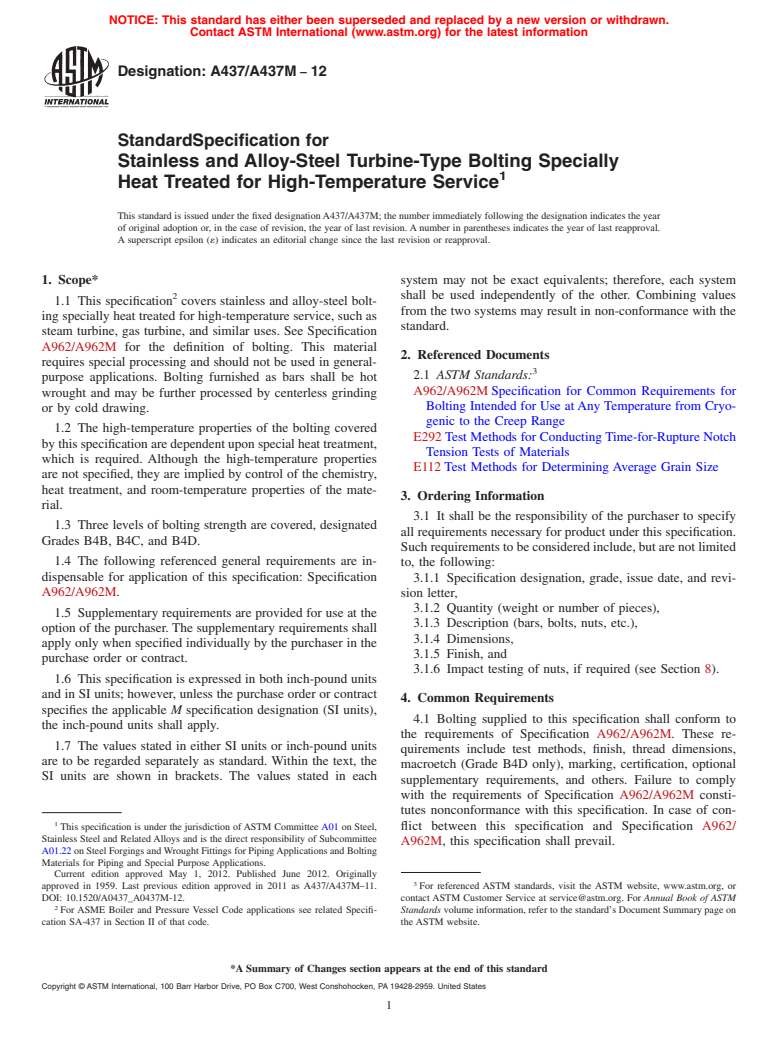 ASTM A437/A437M-12 - Standard Specification for  Stainless and Alloy-Steel Turbine-Type Bolting Specially Heat Treated for High-Temperature Service