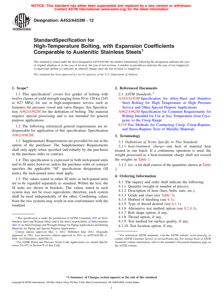 ASTM A453/A453M-12 - Standard Specification for  High-Temperature Bolting, with Expansion Coefficients Comparable to Austenitic Stainless Steels