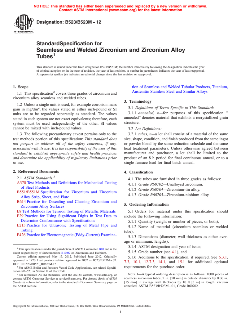 ASTM B523/B523M-12 - Standard Specification for Seamless and Welded Zirconium and Zirconium Alloy Tubes
