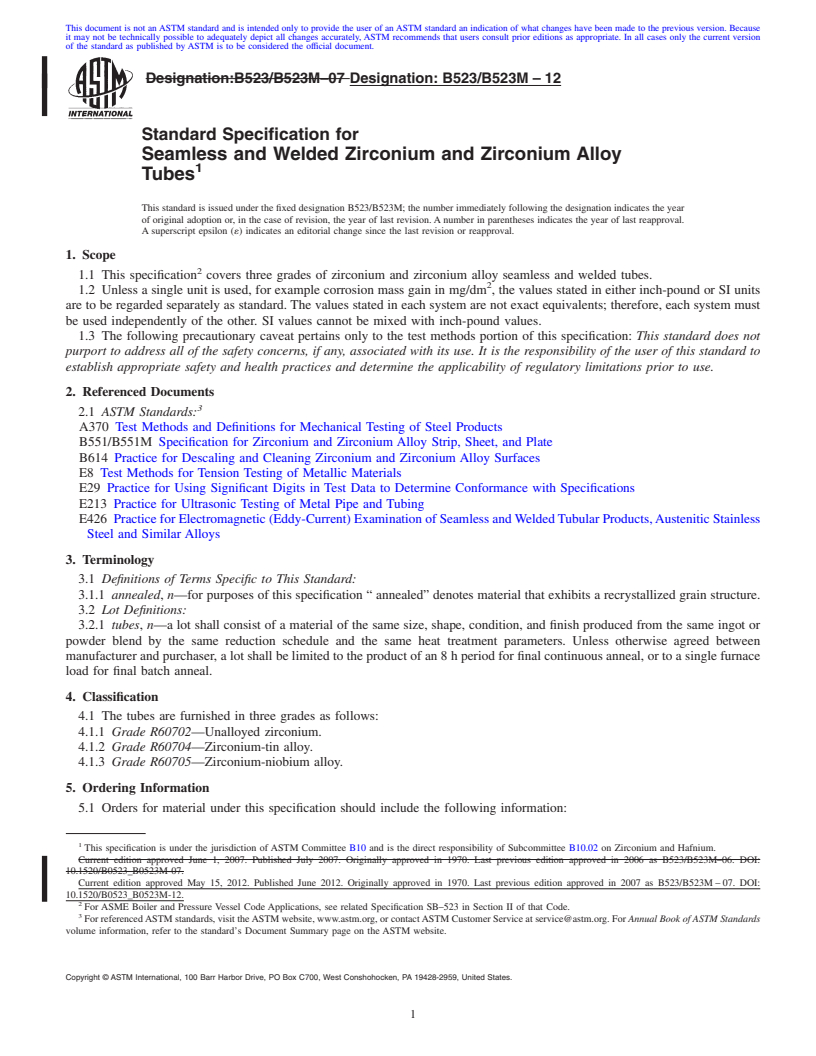REDLINE ASTM B523/B523M-12 - Standard Specification for Seamless and Welded Zirconium and Zirconium Alloy Tubes