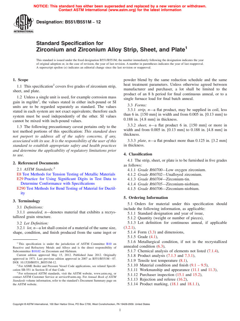 ASTM B551/B551M-12 - Standard Specification for Zirconium and Zirconium Alloy Strip, Sheet, and Plate