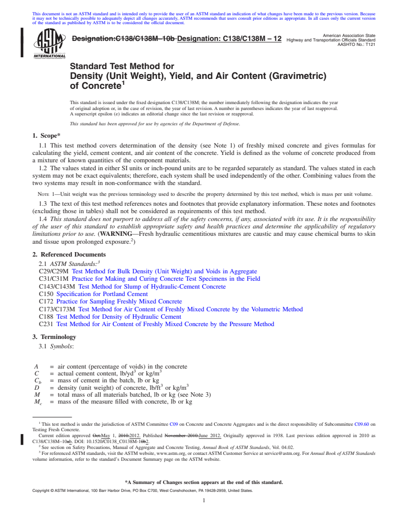 REDLINE ASTM C138/C138M-12 - Standard Test Method for  Density (Unit Weight), Yield, and Air Content (Gravimetric) of Concrete