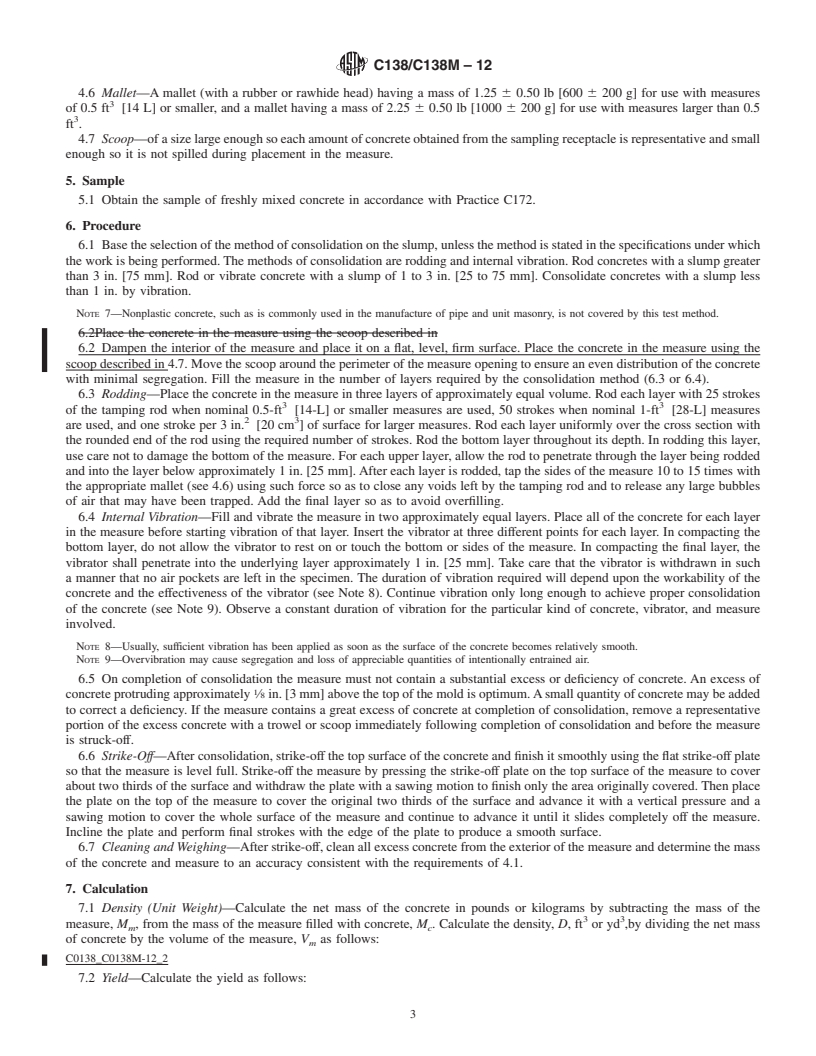 REDLINE ASTM C138/C138M-12 - Standard Test Method for  Density (Unit Weight), Yield, and Air Content (Gravimetric) of Concrete