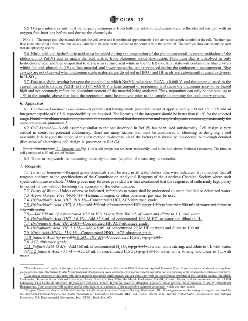 REDLINE ASTM C1165-12 - Standard Test Method for Determining Plutonium by Controlled-Potential Coulometry in H<inf>2</inf>SO<inf>4</inf> at a Platinum Working Electrode