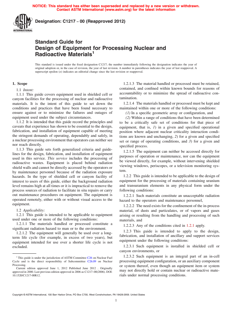 ASTM C1217-00(2012) - Standard Guide for Design of Equipment for Processing Nuclear and Radioactive Materials