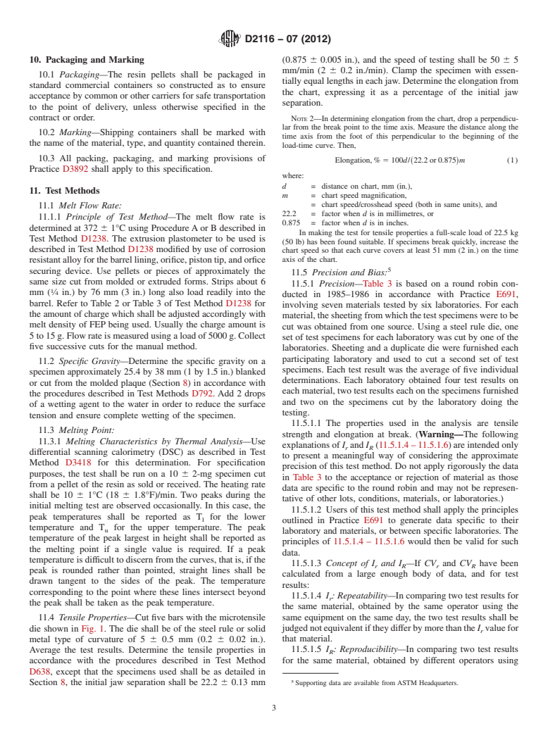 ASTM D2116-07(2012) - Standard Specification for  FEP-Fluorocarbon Molding and Extrusion Materials