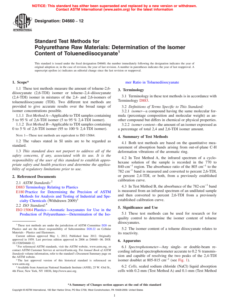 ASTM D4660-12 - Standard Test Methods for Polyurethane Raw Materials: Determination of the Isomer Content of Toluenediisocyanate